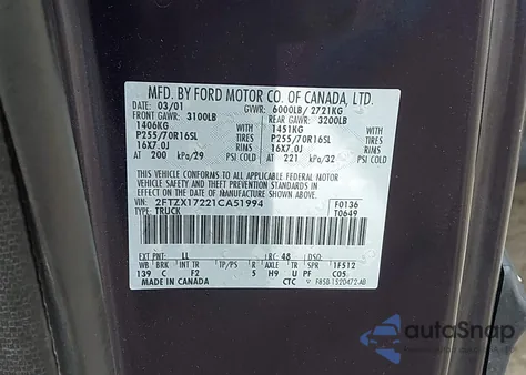 2001 Ford F-150 Xl/Xlt z USA, uszkodzony, nr VIN 2FTZX17221CA51994